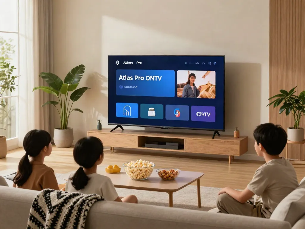 Profitez des chaînes Atlas Pro ONTV dans un salon moderne avec une ambiance chaleureuse.